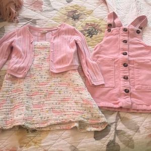 Adorable muslin and corduroy toddler dress with pink cardigan.